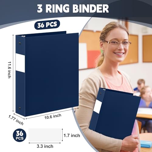 Henoyso 36 Pcs Navy Blue 1.5 Inch 3 Ring Plastic Binder Bulk, 1 1/2 Inch Soft Flexible Binders Three Round Rings Fit 8.5x11 Papers for School Office Home File Organization Supplies - color: Navy Blue