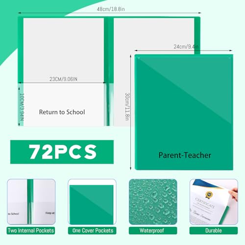 PerKoop 72 Pcs Take Home Folders Bulk Parent Teacher Communication Folder with 2 Pockets Plastic Homework Folder for Student Parent Teacher Classroom Back to School Supplies 11.73 x 9.45'' (Green) - color: Green