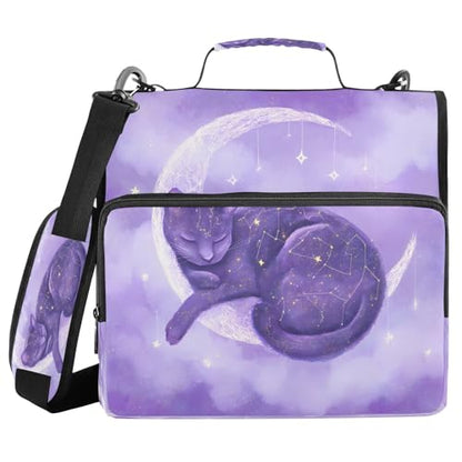 3 Ring Zipper Binder Purple Cat Moon Binders Bag with Shoulder Strap 500 Sheets Paper Organizer Trapper Keeper Documents Storage File Folder for School Office - color: A1819