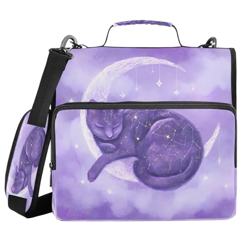 3 Ring Zipper Binder Purple Cat Moon Binders Bag with Shoulder Strap 500 Sheets Paper Organizer Trapper Keeper Documents Storage File Folder for School Office - color: A1819