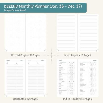 BEZEND Pocket Monthly Planner 2026-2027 (3.5" x 6.5") 2 Year Calendar Book for Purse with Note Pages, 100 GSM Paper, Inner Pocket, Pen Holder, Vegan Leather Hardcover in Lavender - color: Lavender, size: Pocket 3.5" x 6.5"