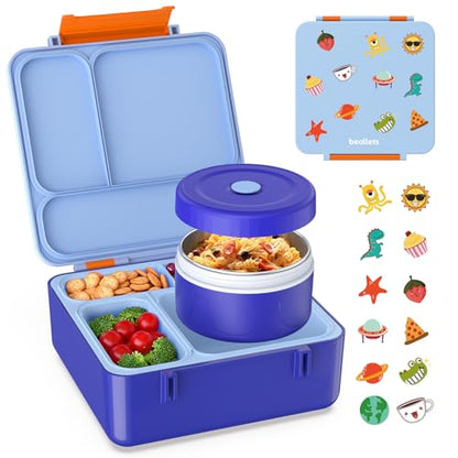 Bento Box for Kids, Lunch Box with Sticker and Leak-Proof Vacuum Food Jar, 4 Compartment BPA-Free Toddler Bento Box for School, Machine-Washable and Removable Compartments for Boy(Blue) - color: Blue