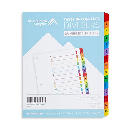 Blue Summit Supplies 15 Tab Binder Dividers for 3 Ring Binder or Notebook, Subject Dividers with Multicolor Numbered Tabs, Includes Customizable Table of Contents Index, 3 Sets