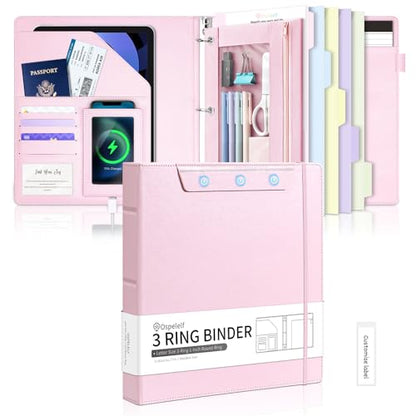 Ospelelf Pink Leather Binder with Magnetic Clipboard, 1 Inch Binders 3 Ring with Storage Zipper Pouch, Pocketed Dividers, Professional Clipboard Folder for School Office Nursing - color: Pink