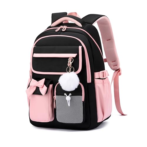 Girls Backpack School Bags Kids Elementary School Backpack for Girls Teens Cute Childrens Bookbags Casual Back Packs, Black Pink - color: Black-pink