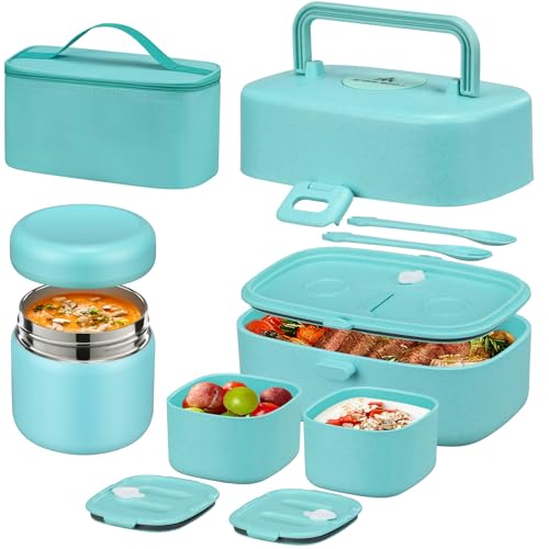 Pawtong Bento Lunch Box with 8oz Soup Thermo, Kids Sustainable Bento Box Leakproof Lunch Food Containers with Lunch Bag, Kids Thermo Insulated Hot Food Jar for School, Trvael (Blue) - color: Blue