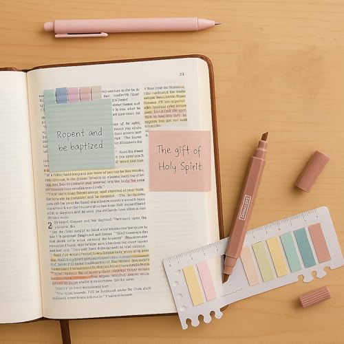 Bible Journaling Kit 12 Pastel Bible Highlighters Dual Tips and 2 Smooth Bible Pens, 400 Sheets Labels for Annotating Books, 200 Sheets 3 x 3 Inch Sticky Notes, Bible Study Kit for Office School
