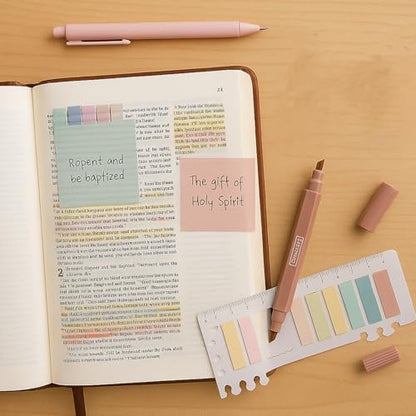 Bible Journaling Kit 12 Pastel Bible Highlighters Dual Tips and 2 Smooth Bible Pens, 400 Sheets Labels for Annotating Books, 200 Sheets 3 x 3 Inch Sticky Notes, Bible Study Kit for Office School