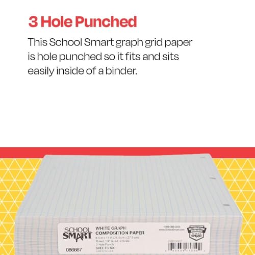 School Smart-86667 Double Sided Grid Paper, 3 Hole Punched, 8-1/2 x 11 Inches, 1/4 Inch Rule, White, Pack of 500