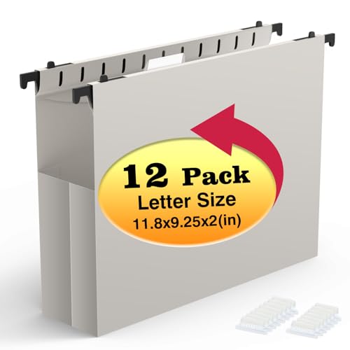 Shutex Extra Capacity Plastic Hanging File Folders,12 Pack Reinforced Expanding Hang Folder Letter Size,Accordian Pocket,Heavy Duty 2 Inch Expansion, Hard Hanging Folder Organizer for Office Home,Grey - color: Grey
