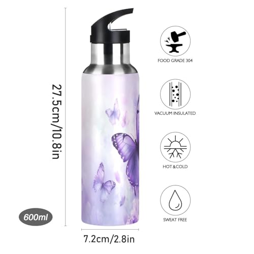 Purple Butterfly Lilac Flowers Water Bottle Women Men Insulated Stainless Steel Water Bottles with Straw Lid Leakproof Water Flask for Sports 20 oz