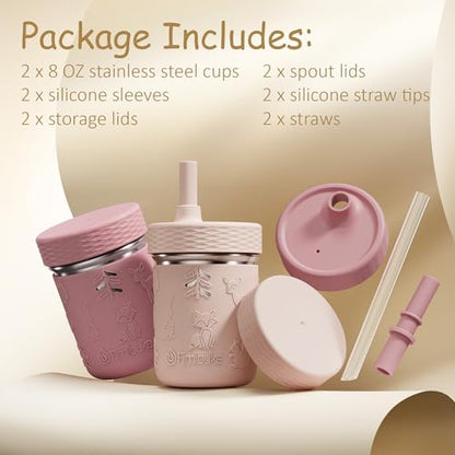 Fimibuke Toddler Cups Spill Proof, 8 OZ Sippy Cups for Kids Girl Boy, Stainless Steel Tumbler with Lid, Removable Silicone Straw & Sleeve, BPA Free Dishwasher Safe Water Bottle Snack Container 2 Pack - color: Dark Pink/Light Pink, size: 8 Ounces