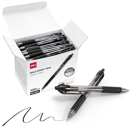 deli Pens Bulk,100 Pack Ballpoint Pens Black Ink 1.0MM Medium Point, Smooth Writing Retractable Pen with Soft Grip, No Bleed,Fast Dry,for Office School Home Use - color: Black, size: 100 PCS
