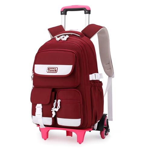 Solid Color Rolling Backpack for Girls Boys Cute Elementary school bag with wheels,Red Trolley Bags for Travel - color: B-red-6 Wheels, size: 6 Wheels