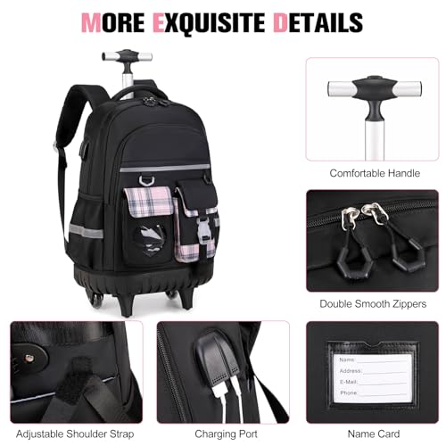 ACESAK Rolling Backpack for Girls - Roller Wheels School Bookbag with Lunch Bag & Pencil Pouch for Teen Girls Kids Wheeled Suitcase Backpacks, Elementary Middle School Travel Daypack (Black) - color: Black