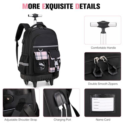 ACESAK Rolling Backpack for Girls - Roller Wheels School Bookbag with Lunch Bag & Pencil Pouch for Teen Girls Kids Wheeled Suitcase Backpacks, Elementary Middle School Travel Daypack (Black) - color: Black