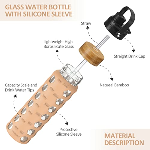 MUKOKO 24oz Glass Water Bottle, Amber | Glass Tumbler with Straw, Drinking Bottles with 2 Lids-Handle Spout Lid & Bamboo Straw Lid, Silicone Sleeve, 1 Pack - color: Amber, size: 24 Ounces