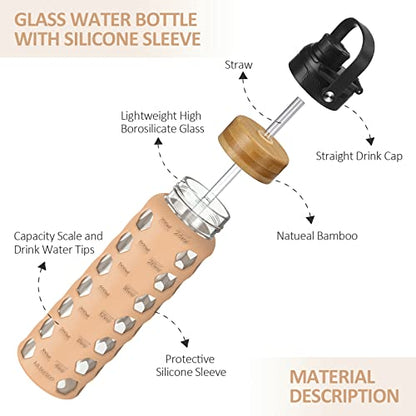 MUKOKO 24oz Glass Water Bottle, Amber | Glass Tumbler with Straw, Drinking Bottles with 2 Lids-Handle Spout Lid & Bamboo Straw Lid, Silicone Sleeve, 1 Pack - color: Amber, size: 24 Ounces