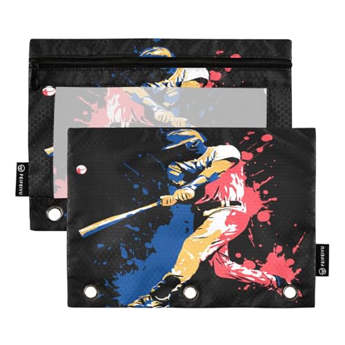 Baseball Player Black Pencil Pouch for 3 Ring Binder Pencil Pouches with Zippers Clear Window Binder Pockets Pencil Bags for Work Office Daily 2 Packs - color: Multicolored-baseball Player Black