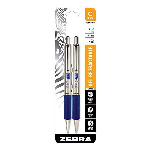 Zebra Pen STEEL G-402 Retractable Gel Pen, Blue Ink, 0.5mm, 2-Pack - color: Blue A, size: 1 Count (Pack of 2)