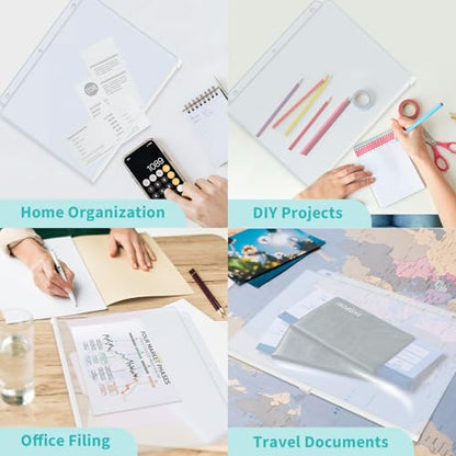 Binditek 10 Pack Plastic Zippered Binder Pockets, 3-Hole Punched for 3 Ring Binder, Clear PVC with White Zippers, Waterproof Loose Leaf Bag Pouch for Document Filing and Storage