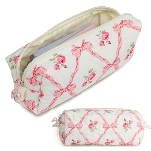 Cute Quilted Pencil Case for Girls Women, Aesthetic Small Floral Pencil Pouch,Slim Soft Pencil Bag for School Supplies Makeup Pouch for School & Daily Use (pink bow) - color: pink bow