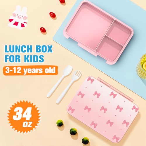 Bevalsa Backpack for Girls, Bow Bookpack with Bento Lunch Box, Insulated Bag & Utensils, 34oz Lunch Containers School Bags Set for Children Teens Kids Elementary Middle school Student (Pink) - color: Pink