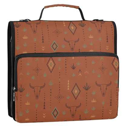 Western Bull Boho Terracotta Organizer Binder with Handle Multi-Pocket 1.5 Inch 3 Rings Pencil Case Portfolio Binder Office Files Organizer - color: Western Bull Boho Terracotta