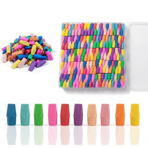 195 Pencil Top Erasers, Latex-Free Chisel Tips, 10 Colors with Storage Box | Soft eraser material fits standard pencils for classrooms, homework, offices and everyday writing corrections