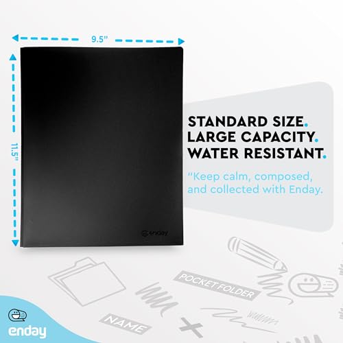 Plastic Folders with Pockets and Prongs Black, Two Pocket Folder with Brads, 3 Prong Folders with Pockets for Letter Size Sheets (6 Pack) - By Enday - color: Black