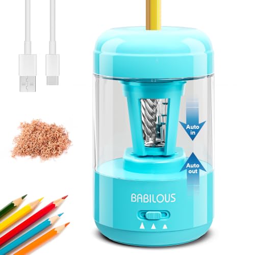 Babilous Rechargeable Electric Pencil Sharpener with Auto Feed & Auto Eject | Fits 6–8mm HB & Colored Pencils, Hands-Free Auto Sharpening, USB-C Rechargeable, Ideal for Kids, School, Classroom & Office - color: Blue