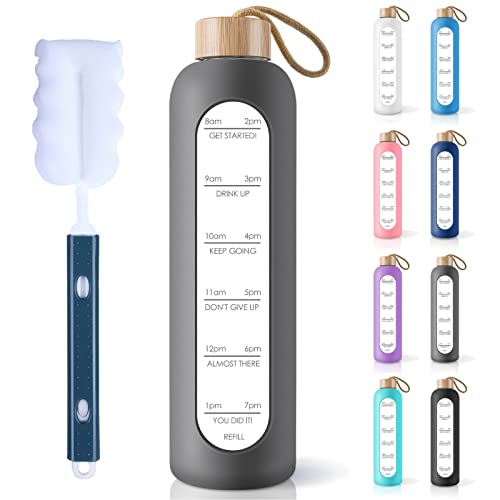 PROBTTL 32 Oz Borosilicate Glass Water Bottle with Time Marker Reminder Quotes, 1 Liter Leak Proof Reusable BPA Free Motivational Water Bottles with Silicone Sleeve and Bamboo Lid (Grey) - color: Grey, size: 32 Ounces