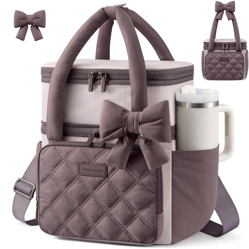 LOVEVOOK Insulated Lunch Bag Women,Expandable Double Deck Adult Lunch Box Women with Cup Holder,Bow Quilted Puffer Lunch Tote,Large Leakproof Collapsible Cooler Bag for Work College Picnic Meal Prep - color: Dark Brown with Light Brown, size: Large —15L