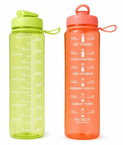 Water Bottles With Measurements and Time Markers BPA Free 2-Pack (Green and Orange)