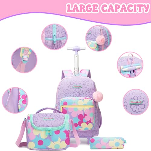Girls Rolling Backpack with Lunch Box School Backpacks with Wheels 16.5" Roller Backpack for Girls, 3pcs Kids Wheeled Bookbag for Elementary School - color: Zisehuaduo