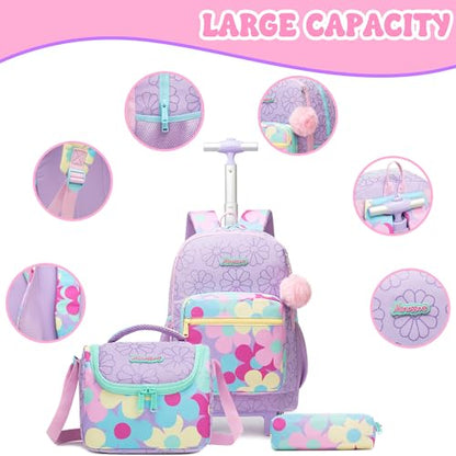 Girls Rolling Backpack with Lunch Box School Backpacks with Wheels 16.5" Roller Backpack for Girls, 3pcs Kids Wheeled Bookbag for Elementary School - color: Zisehuaduo
