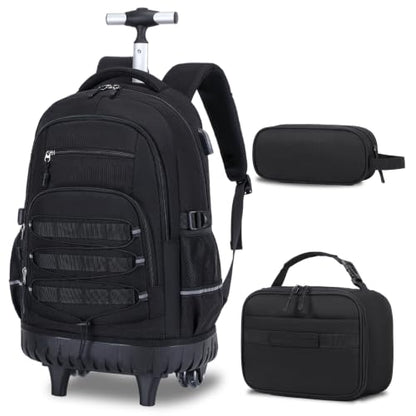 ACESAK Camo Rolling Backpack Boys, Tactical Kids Backpack Boys, Kids Suitcase for Boy Teens Elementary Middle High School, Military Backpack with Wheels and Lunch Bag Pencil Case Set (Black) - color: Black