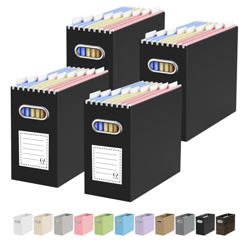 Oterri Portable Collapsible Cardboard File Box with Handle for Letter-Size | 4-Pack. Stainless Steel Handle. Label Stickers Included. Fits Letter Folders (Not Included). Home, Office, School, Dorm, Tax. - color: Black, size: Letter Size - 4 Packs