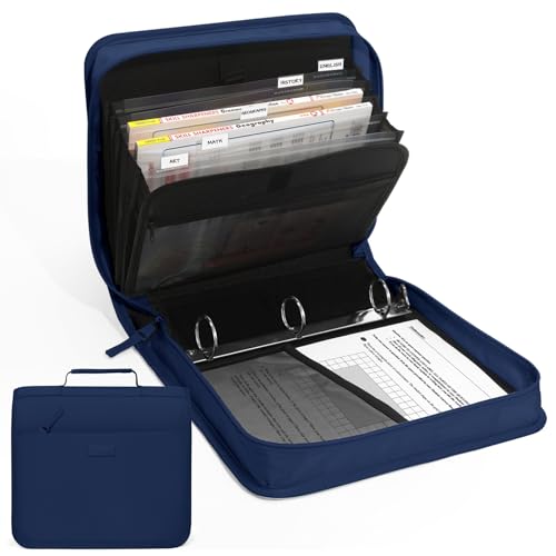 SUNEE Zipper Binder with Handle, 1.5 Inch O-Ring, 325 Pages Capacity, with 5-Tab Expanding File Folder for Classified Storage, Small Size Lightweight Zipper Bag for Middle School Students, Navy Blue - color: Navy Blue