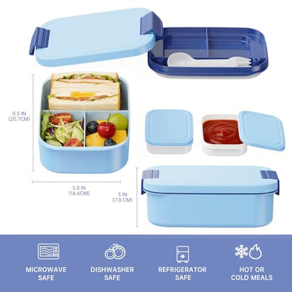 JBGOYON 4-in-1 Bento Box and Insulated Lunch Bag Set, Blue | 6-hour insulation, 7.5 L lunch bag, leakproof 1.9 L container with 2 sauce cups, fork and spoon, 2 snack bags, BPA-fre - color: Blue