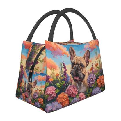 French Bulldog and Garden Insulated Lunch Box for Women Dog Lovers, Cute Puppy Pattern Tote Lunchbags, Reusable Cooler Lunchbox & Makeup Bag Gifts for Work, School, Picnic, Office - color: French Bulldog 02