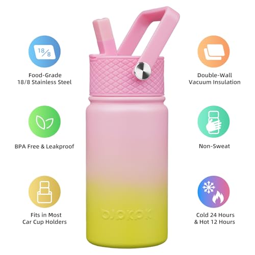 BJPKPK Insulated Water Bottle, 15oz Stainless Steel with Straw Lid | Leak Proof, BPA-Free, Vacuum Insulated, Keep Drink Cold & Hot, Metal Water Bottle for Travel, Gym, Office, Cupholder Friendly - color: Tulips, style: N-15oz-Color Lid