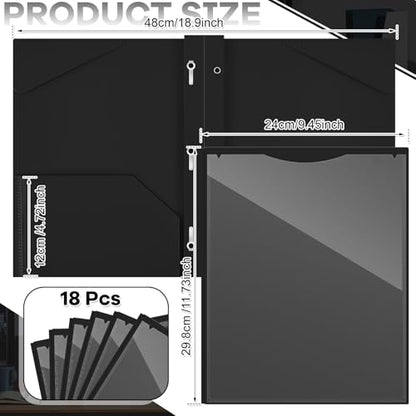 Henoyso 18 Pcs Plastic Folder with Clear Front Pocket and 3 Prong Plastic Folders with Card Slot Pocket Folders with Prongs for School Office (Black) - color: Black