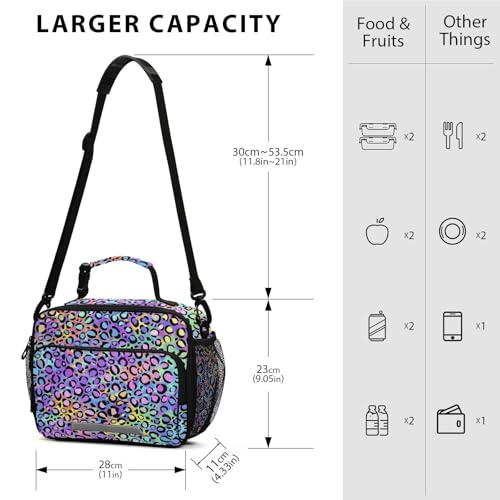 MNSRUU Student Lunch Bag Rainbow Leopard Insulated Lunch Totes Picnic Bag Lunch Box with Adjustable Shoulder Strap for Teen Kids Adults - color: Leopard 01