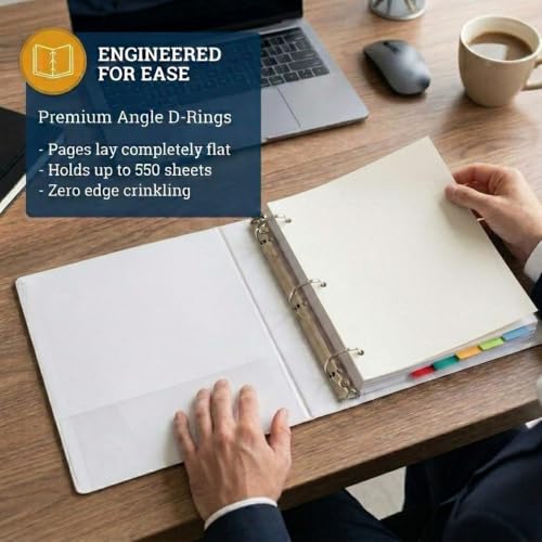3 Ring Binder, 2.5" Professional Angle D-Rings, Presentation Folder for Standard Pages with Inside Pockets, Customizable Clear View White Binder (3.2" Spine)