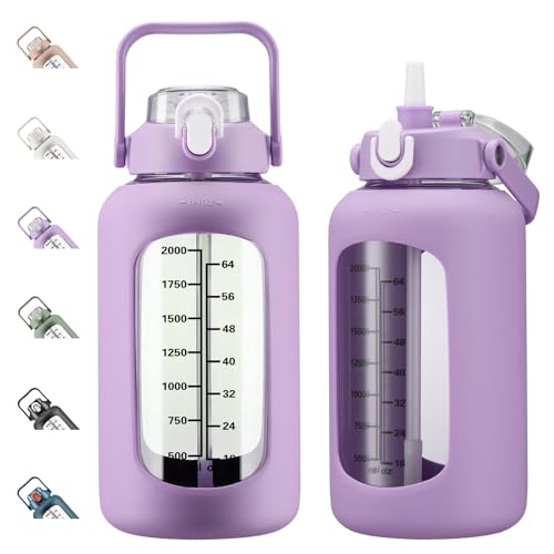84oz Glass Water Bottle with Straw, 2.5 Liter Large Water Bottle with Silicone Sleeve and OZ Marker, Wide Mouth Gallon Glass Bottle with 2-in-1 Lid, Leakproof Water Jug for Gym Home, Purple - color: Purple, size: 84 Ounces