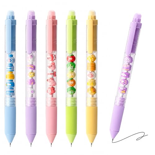 6 Pack Cute Cartoon Gel Pens, 0.5mm Fine Point Quick Dry Black Ink Smooth Writing Pens, Retractable Ballpoint for Journaling Planner(Funny Animals Fruits Snacks DIY Designs)
