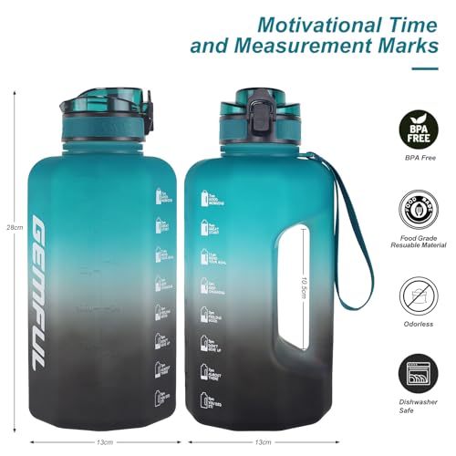 GEMFUL 2 Pack Gallon Water Bottle with Time Marker Handle 74oz and 101oz BPA-Free Leakproof Jug for Gym Hiking Camping