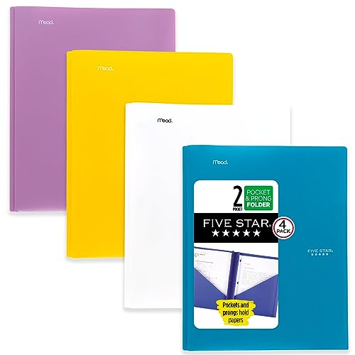 Five Star 2 Pocket Folders, 4 Pack, Plastic Folders with Prong Fasteners, Holds 11” x 8-1/2”, Tidewater Blue, White, Amethyst Purple, Harvest Yellow (38136) - color: Trend, size: 4 Pack