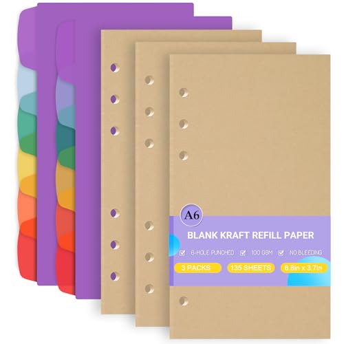 Antner A6 Blank Kraft Refill Paper 6 Hole Planner Inserts for A6 6-Ring Refillable Binder 135 Sheets/270 Pages Vintage Loose Leaf Filler Paper with 12PCS Binder Dividers for Notes Journal Drawing - color: Blank Kraft Paper